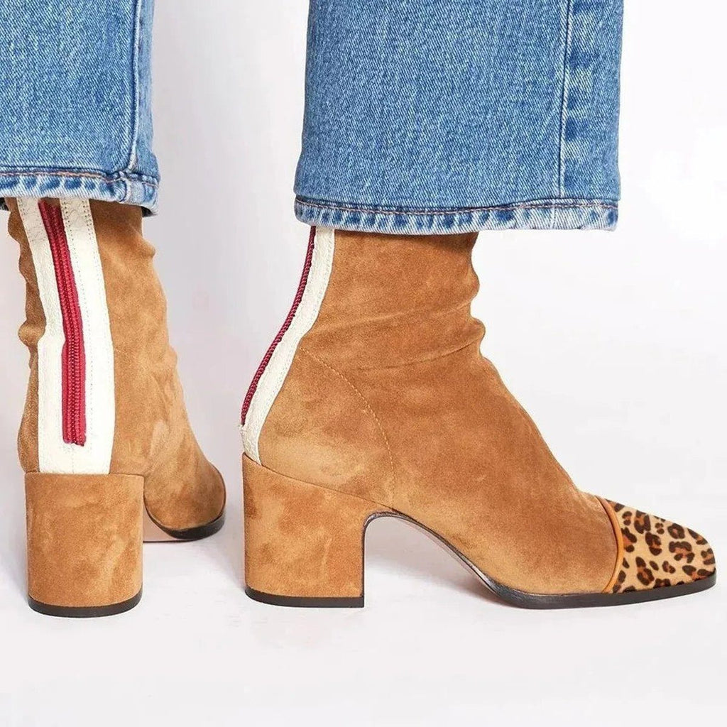 Stiefel Damen braun figurbetont mit Blockabsatz und Leopardenakzenten - 2 - Atelier-Zofia
