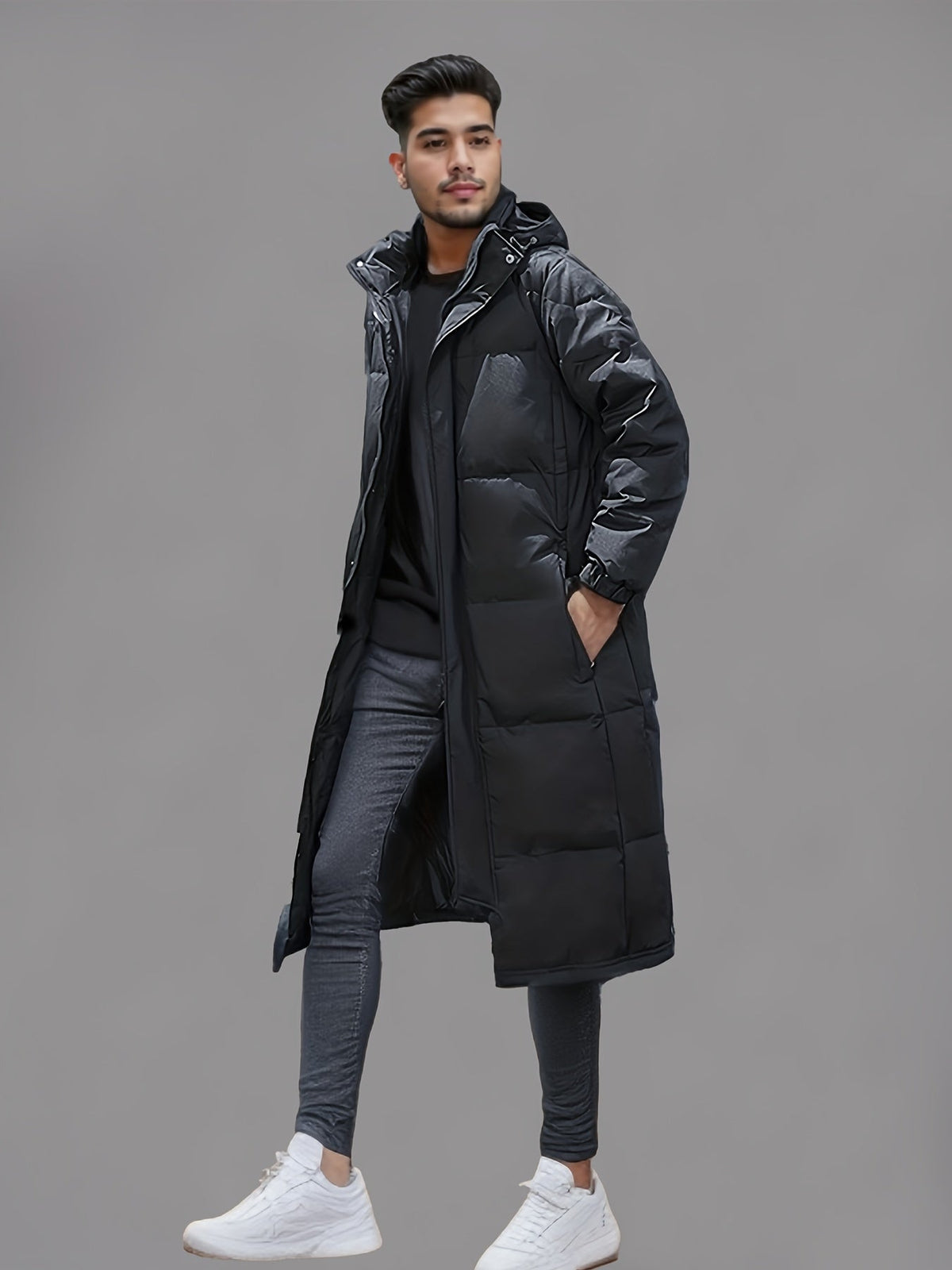 Wintermantel Herren schwarz lang mit Kapuze und figurbetonter Passform - 6 - Atelier-Zofia
