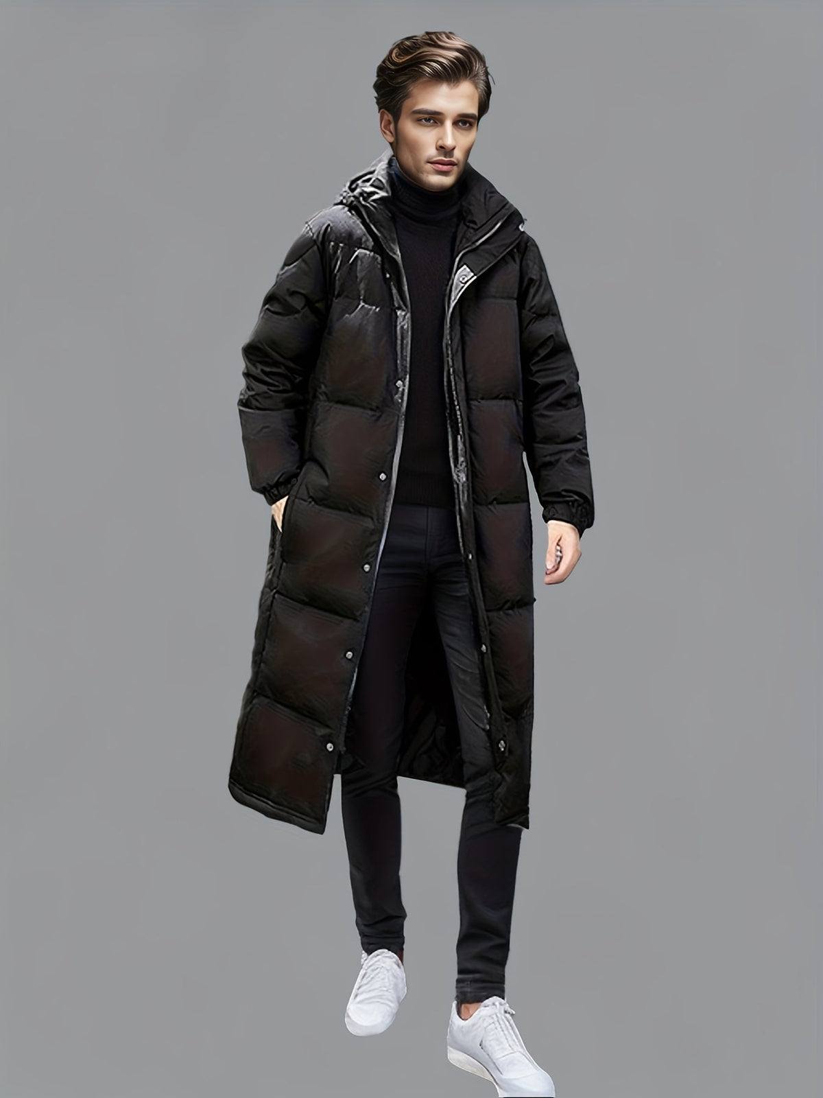 Wintermantel Herren schwarz lang mit Kapuze und figurbetonter Passform - 7 - Atelier-Zofia