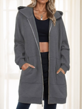 Damen Jacke grau lang mit Kapuze und praktischen Taschen - 1 - Atelier-Zofia