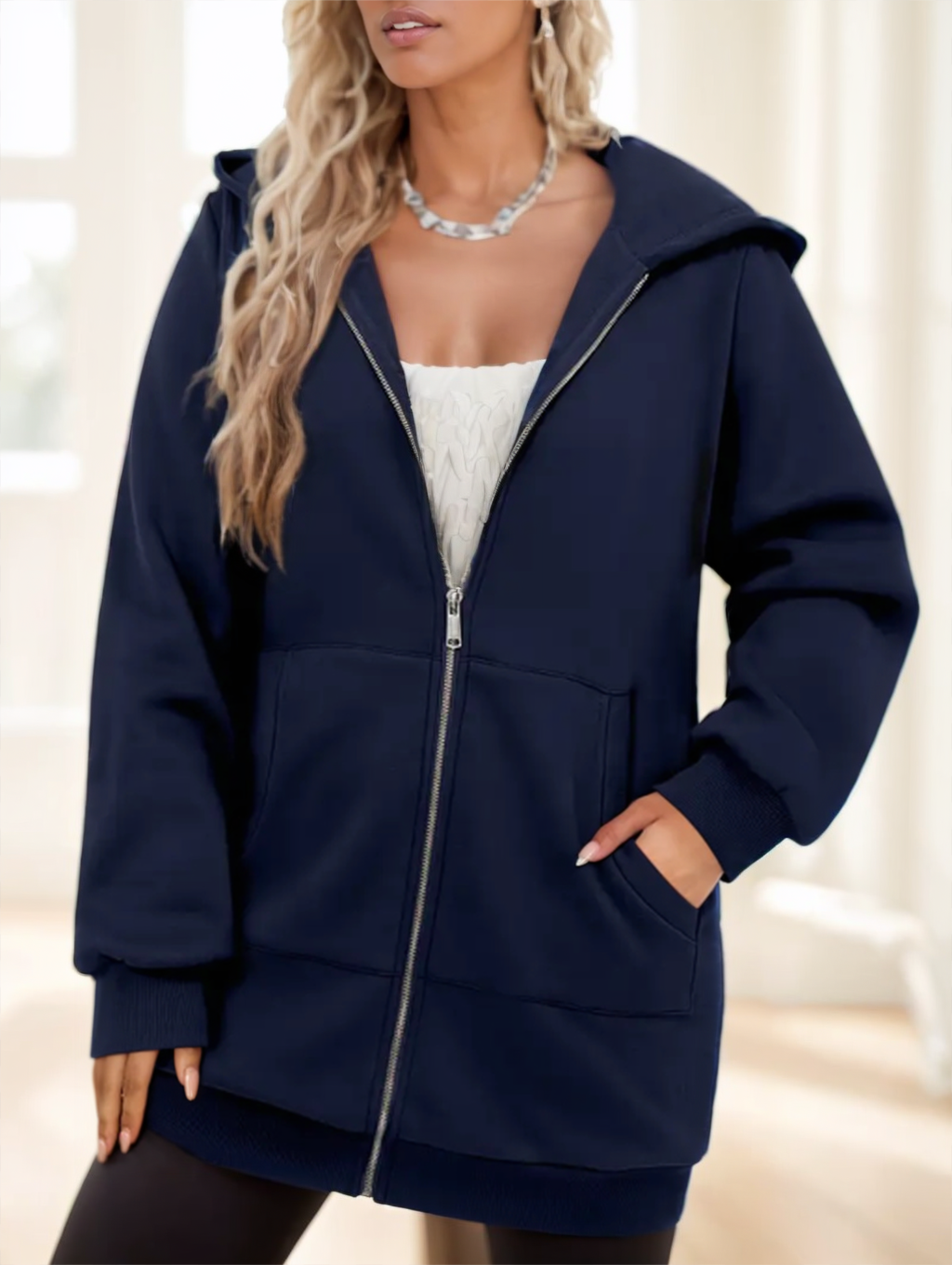 Damen Jacke grau lang mit Kapuze und praktischen Taschen - 4 - Atelier-Zofia