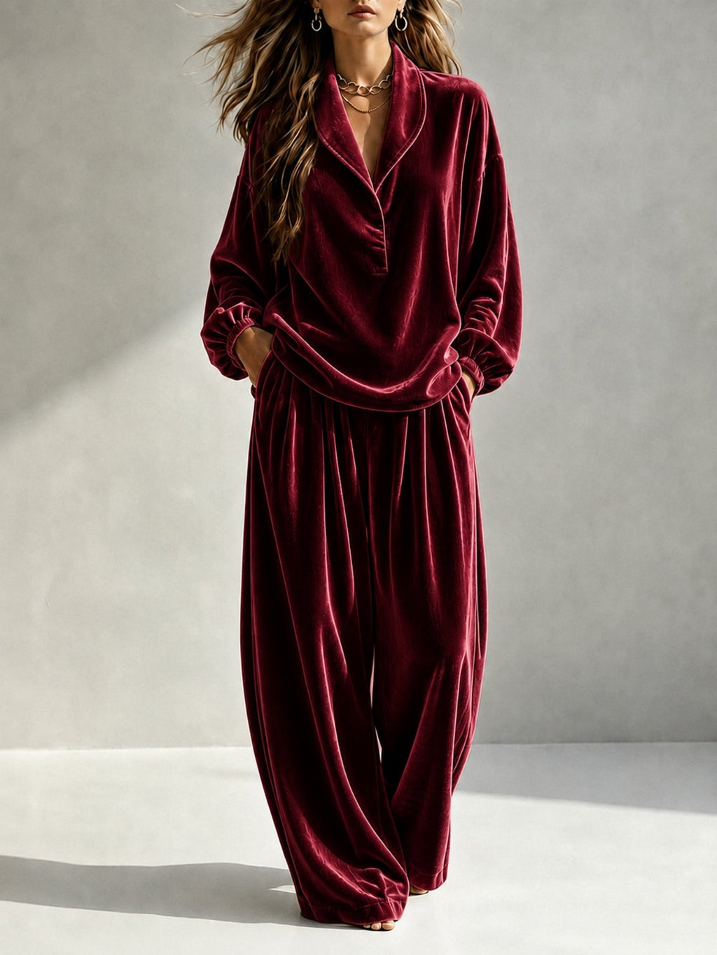 Outfit Damen rosa weit geschnitten mit langärmliger Bluse - 1 - Atelier-Zofia