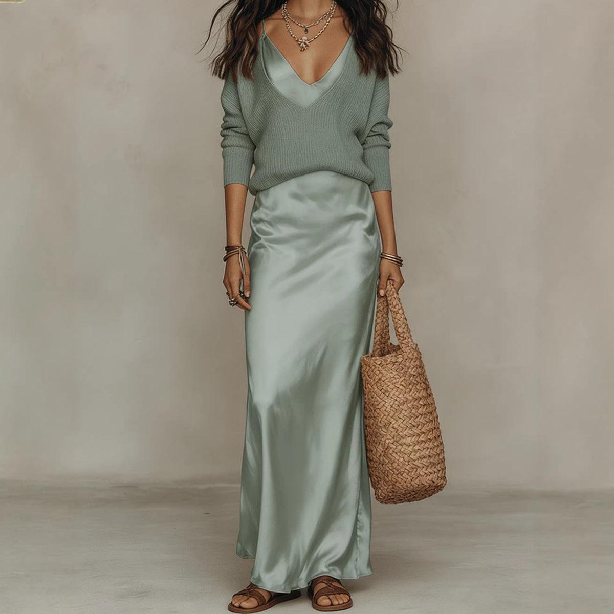 Maxikleid Damen mint figurbetont mit V-Ausschnitt - 2 - Atelier-Zofia