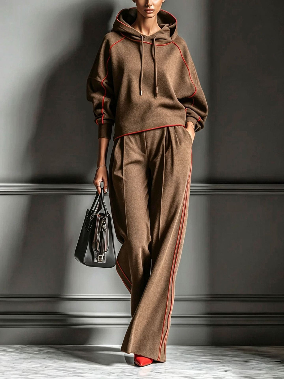 Outfit Damen blau weit geschnitten mit Kapuze und roten Akzenten - 2 - Atelier-Zofia