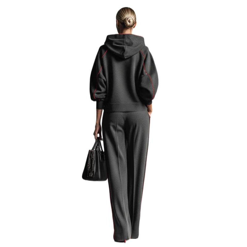 Outfit Damen blau weit geschnitten mit Kapuze und roten Akzenten - 7 - Atelier-Zofia