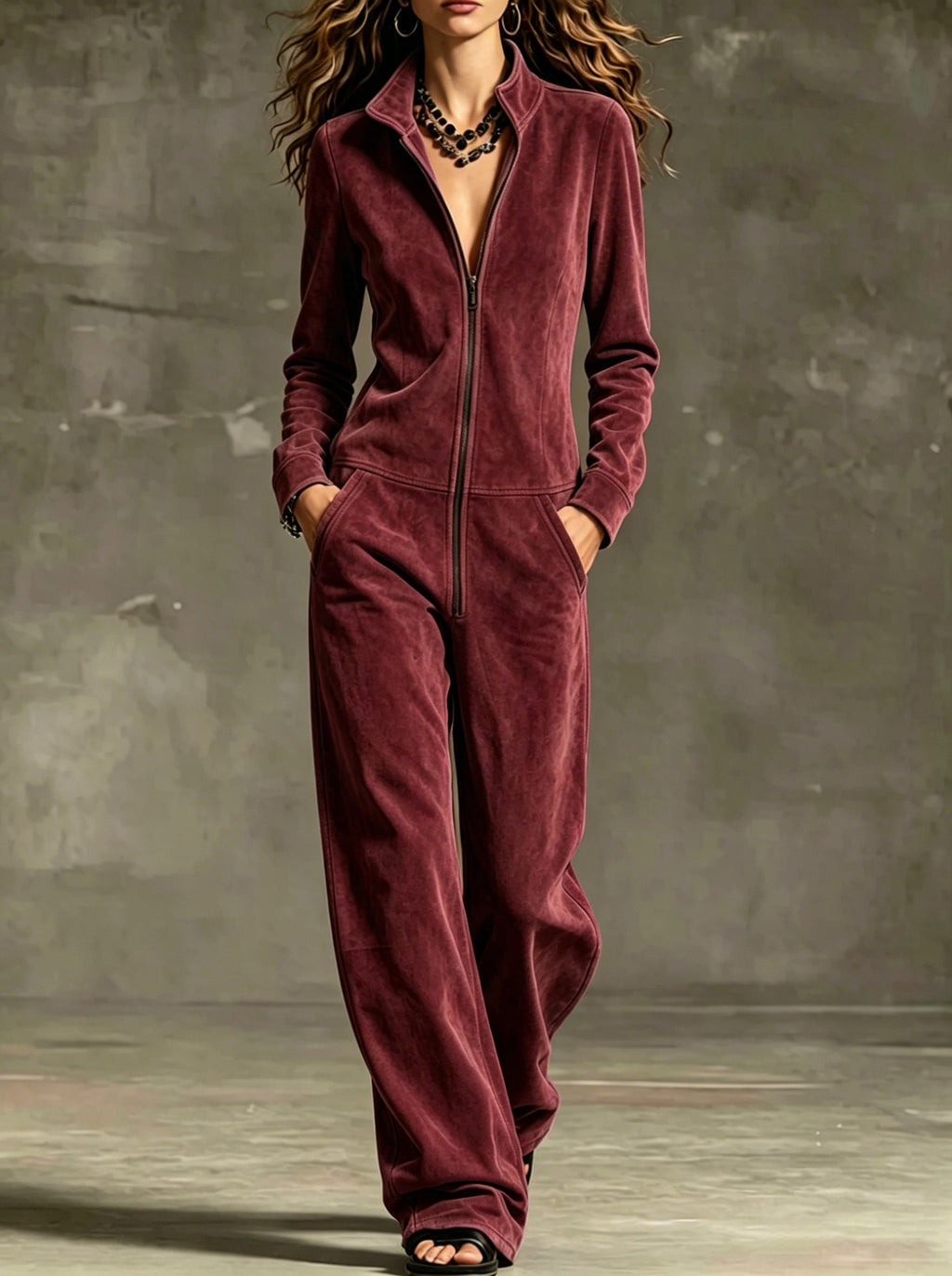 Jumpsuit Damen burgunderrot mit weitem Schnitt und Reißverschluss - 1 - Atelier-Zofia