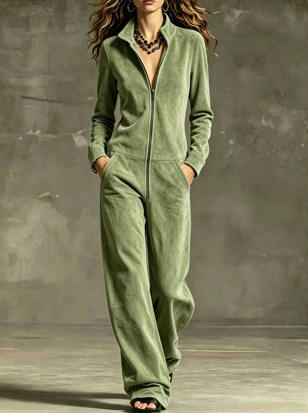 Jumpsuit Damen burgunderrot mit weitem Schnitt und Reißverschluss - 2 - Atelier-Zofia