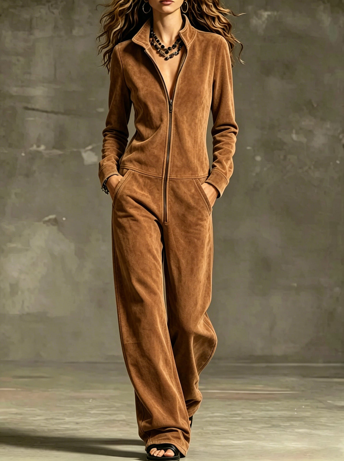 Jumpsuit Damen burgunderrot mit weitem Schnitt und Reißverschluss - 12 - Atelier-Zofia