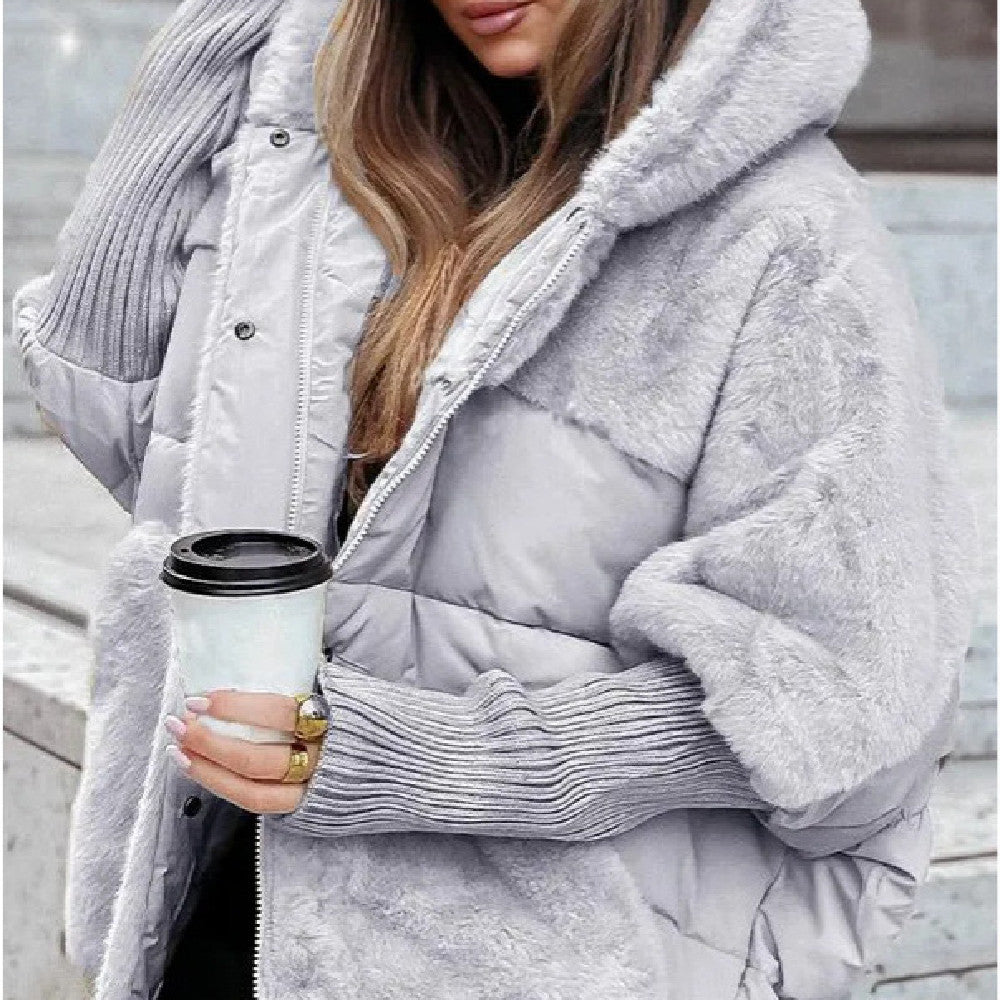 Jacke Damen grau oversized mit Kapuze und weichem Fell - 3 - Atelier-Zofia