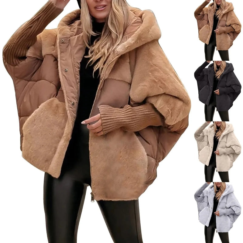 Jacke Damen grau oversized mit Kapuze und weichem Fell - 6 - Atelier-Zofia