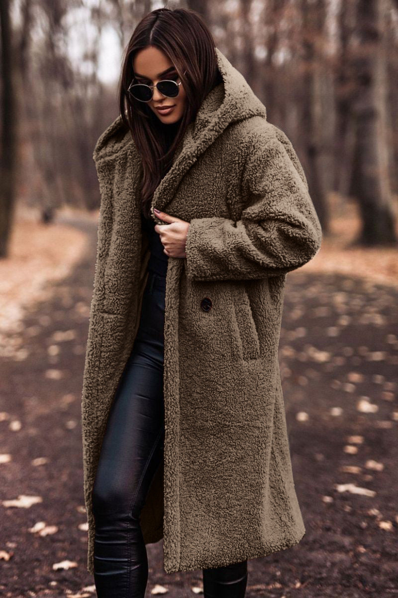 Damen Mantel beige lässiger Schnitt mit Kapuze - 4 - Atelier-Zofia