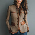 Blazer Damen beige tailliert mit Lederakzenten - 1 - Atelier-Zofia