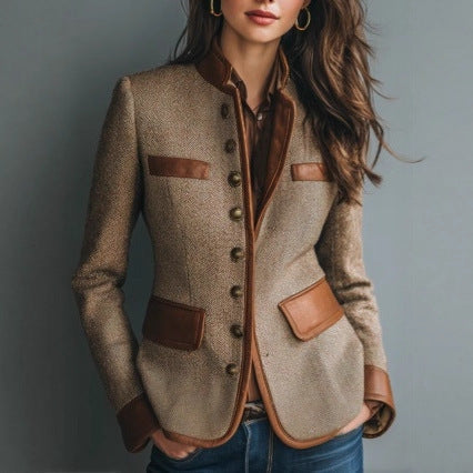 Blazer Damen beige tailliert mit Lederakzenten - 1 - Atelier-Zofia
