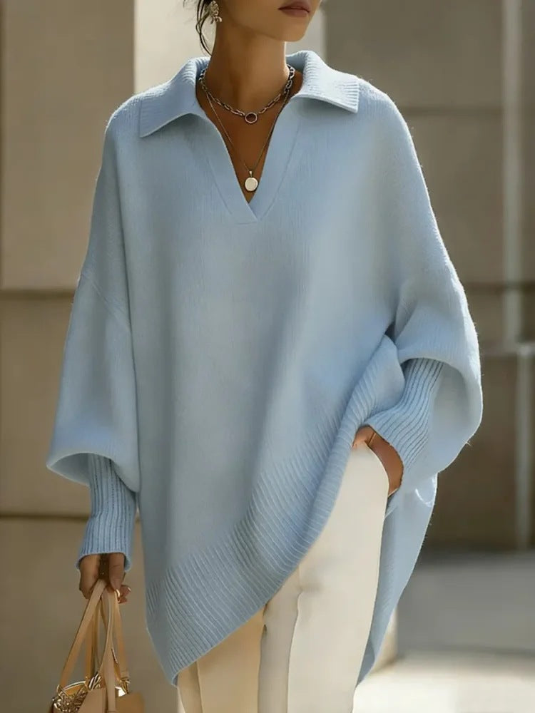 Pullover Damen blau weit mit V-Ausschnitt - 1 - Atelier-Zofia