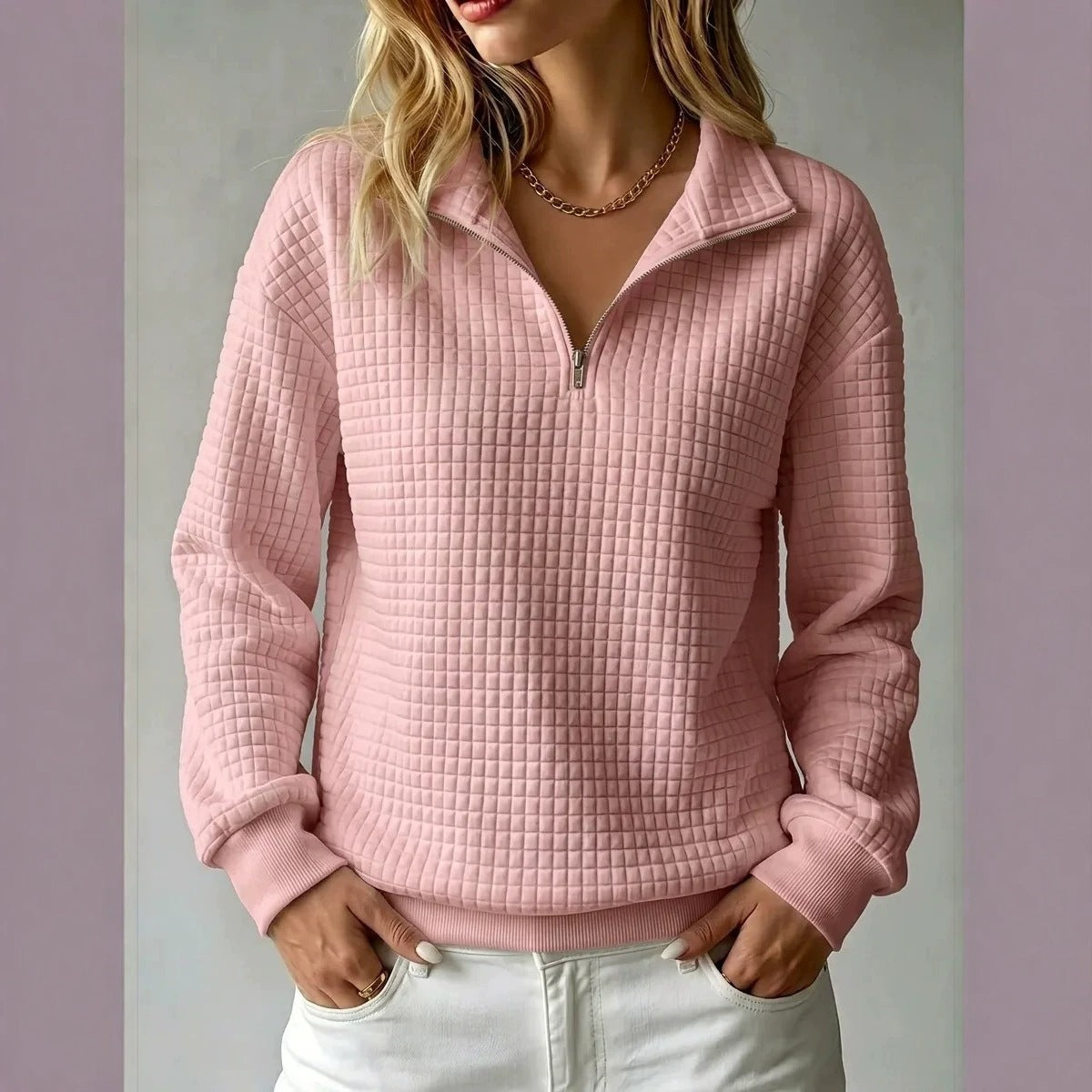 Sweatshirt Damen weiß mit Stehkragen und Reißverschluss - 2 - Atelier-Zofia