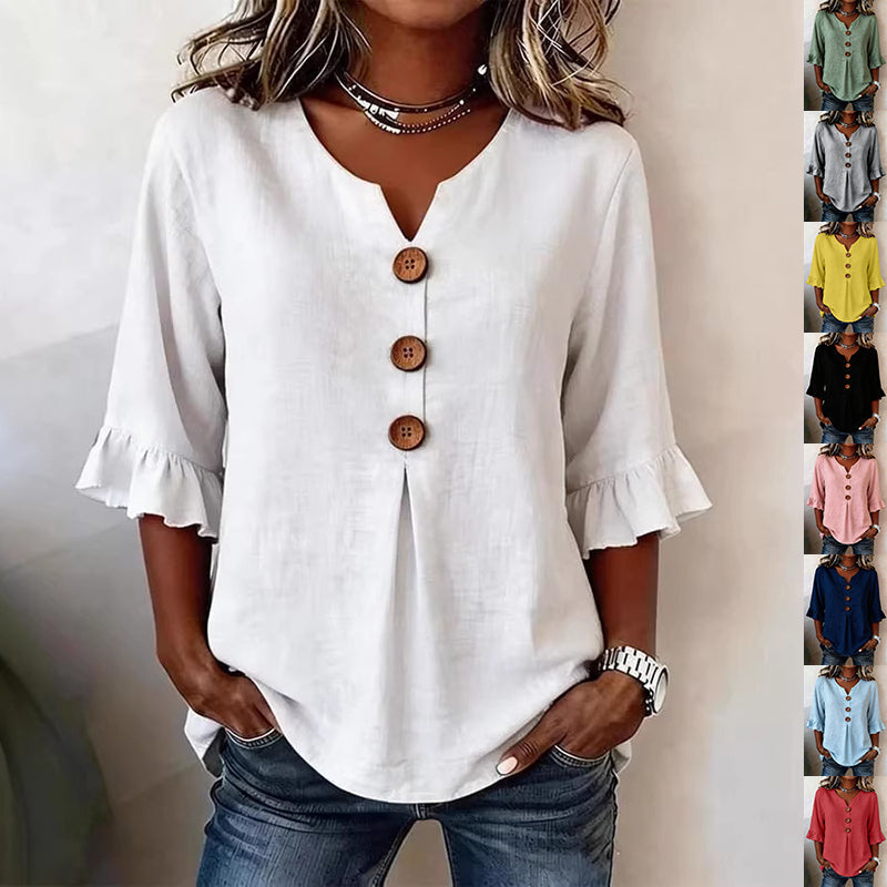 Bluse Damen grau locker mit V-Ausschnitt und Rüschenärmeln - 1 - Atelier-Zofia