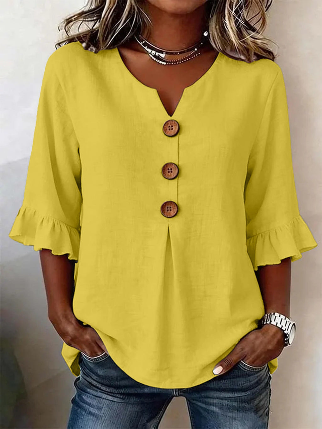 Bluse Damen grau locker mit V-Ausschnitt und Rüschenärmeln - 2 - Atelier-Zofia