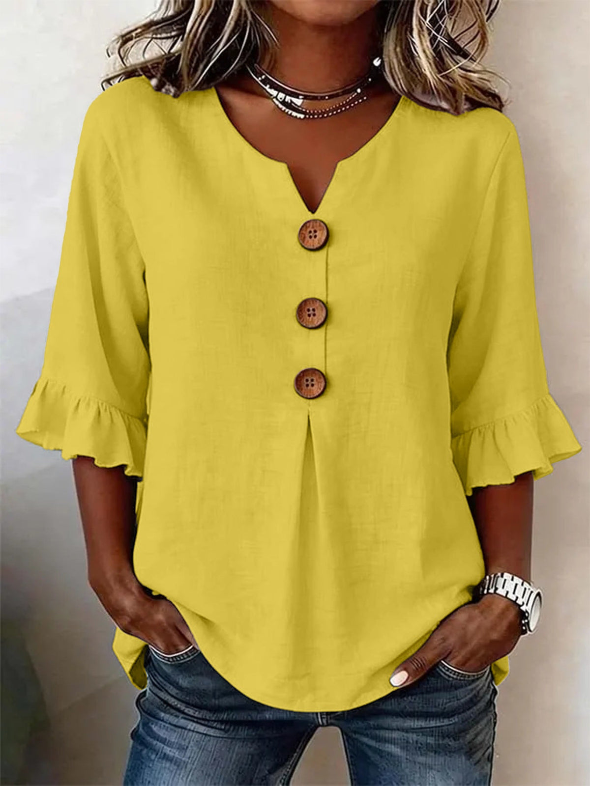 Bluse Damen grau locker mit V-Ausschnitt und Rüschenärmeln - 2 - Atelier-Zofia
