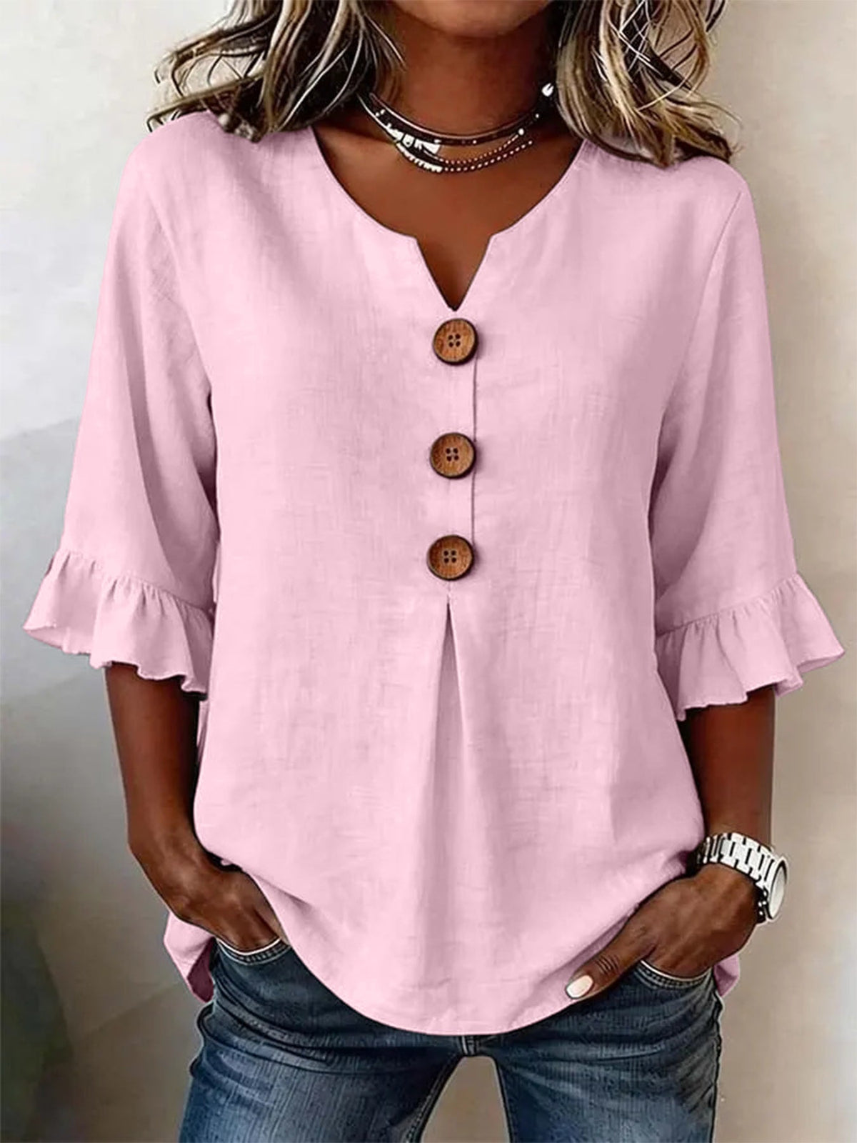 Bluse Damen grau locker mit V-Ausschnitt und Rüschenärmeln - 3 - Atelier-Zofia