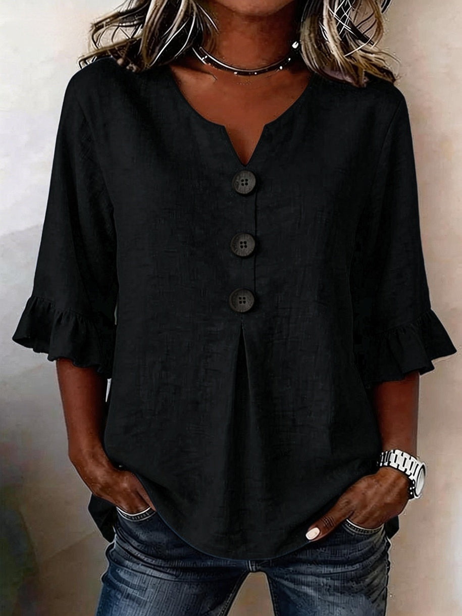 Bluse Damen grau locker mit V-Ausschnitt und Rüschenärmeln - 4 - Atelier-Zofia