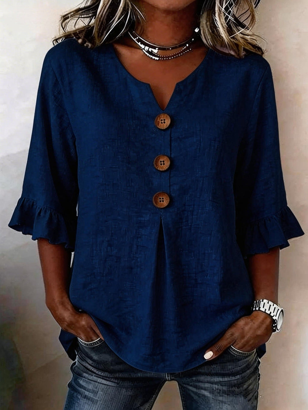 Bluse Damen grau locker mit V-Ausschnitt und Rüschenärmeln - 5 - Atelier-Zofia