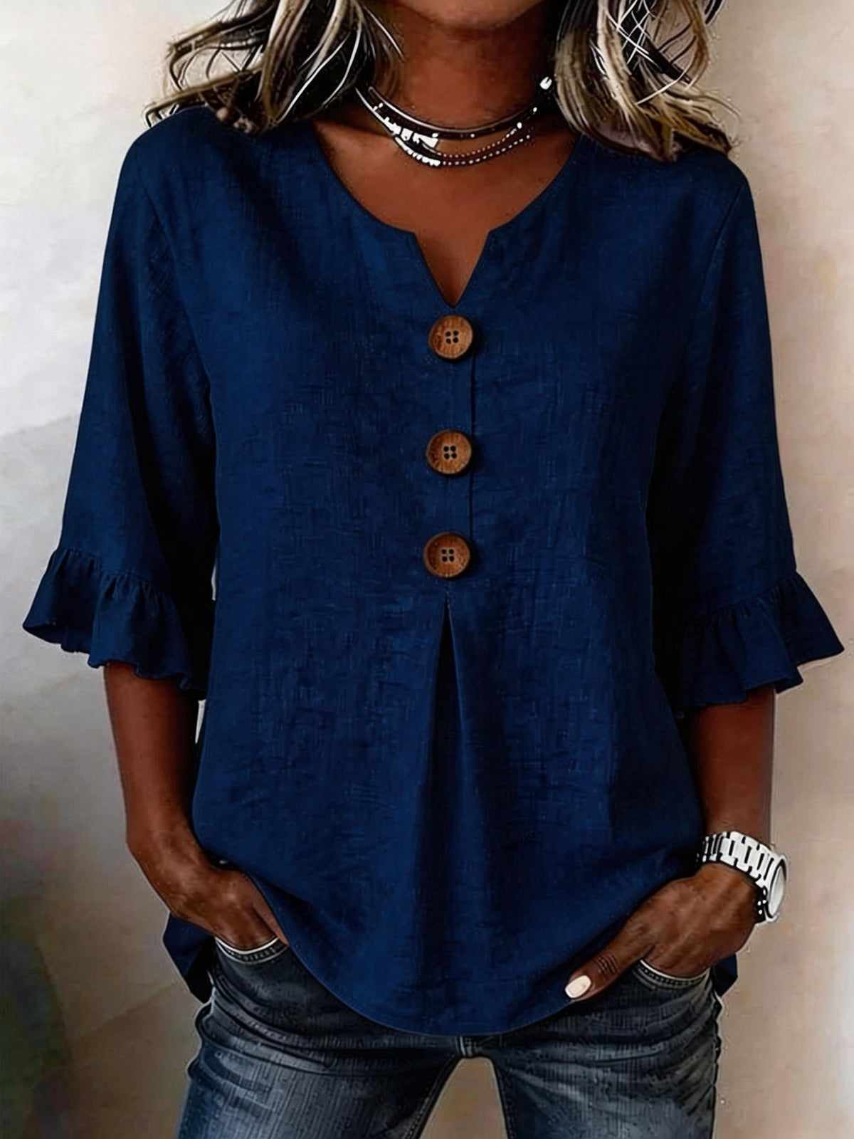 Bluse Damen grau locker mit V-Ausschnitt und Rüschenärmeln - 5 - Atelier-Zofia