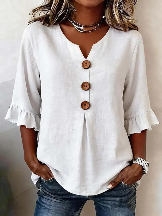 Bluse Damen grau locker mit V-Ausschnitt und Rüschenärmeln - 6 - Atelier-Zofia