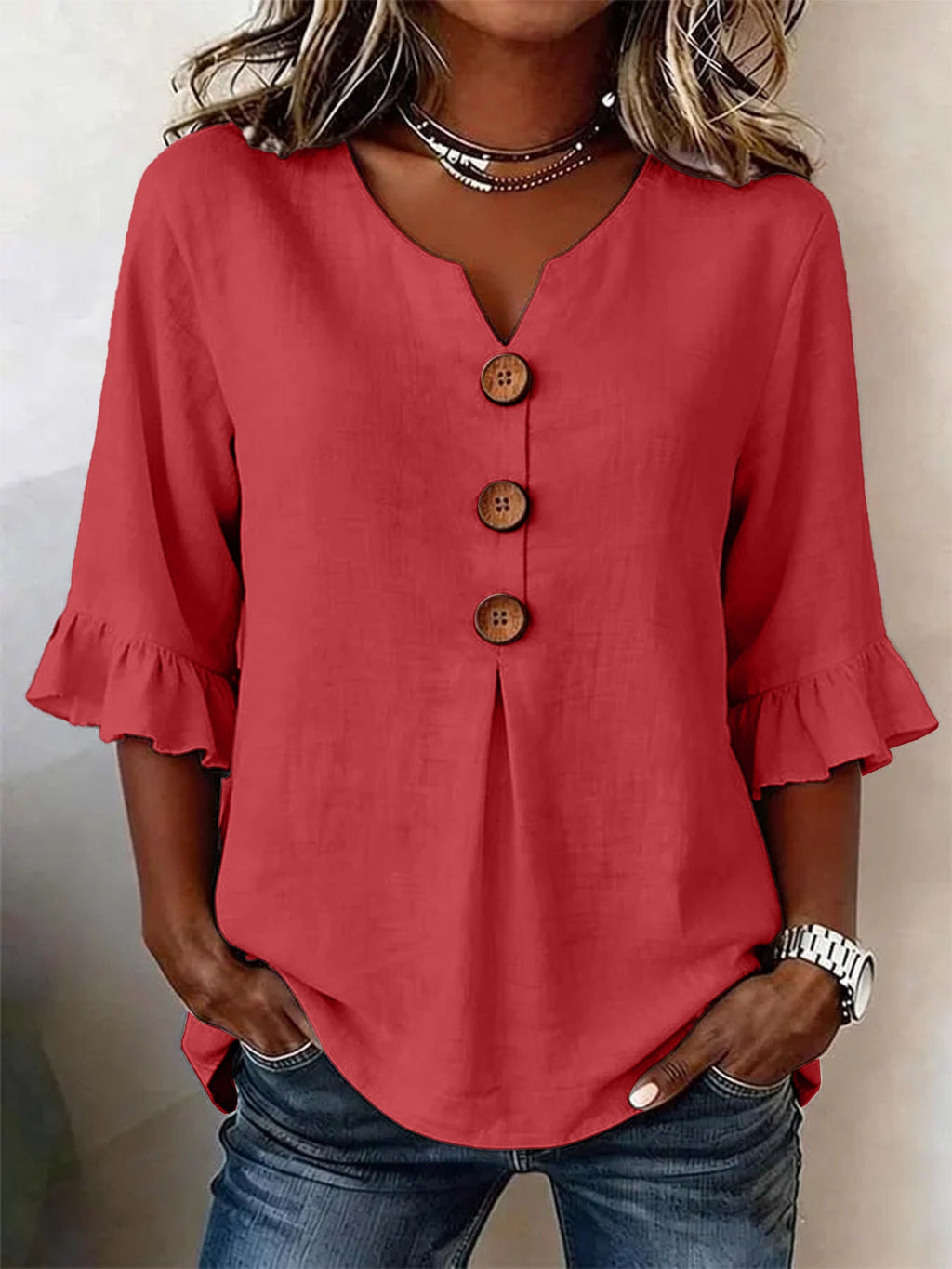 Bluse Damen grau locker mit V-Ausschnitt und Rüschenärmeln - 7 - Atelier-Zofia