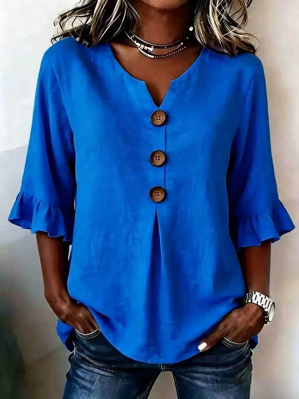 Bluse Damen grau locker mit V-Ausschnitt und Rüschenärmeln - 8 - Atelier-Zofia