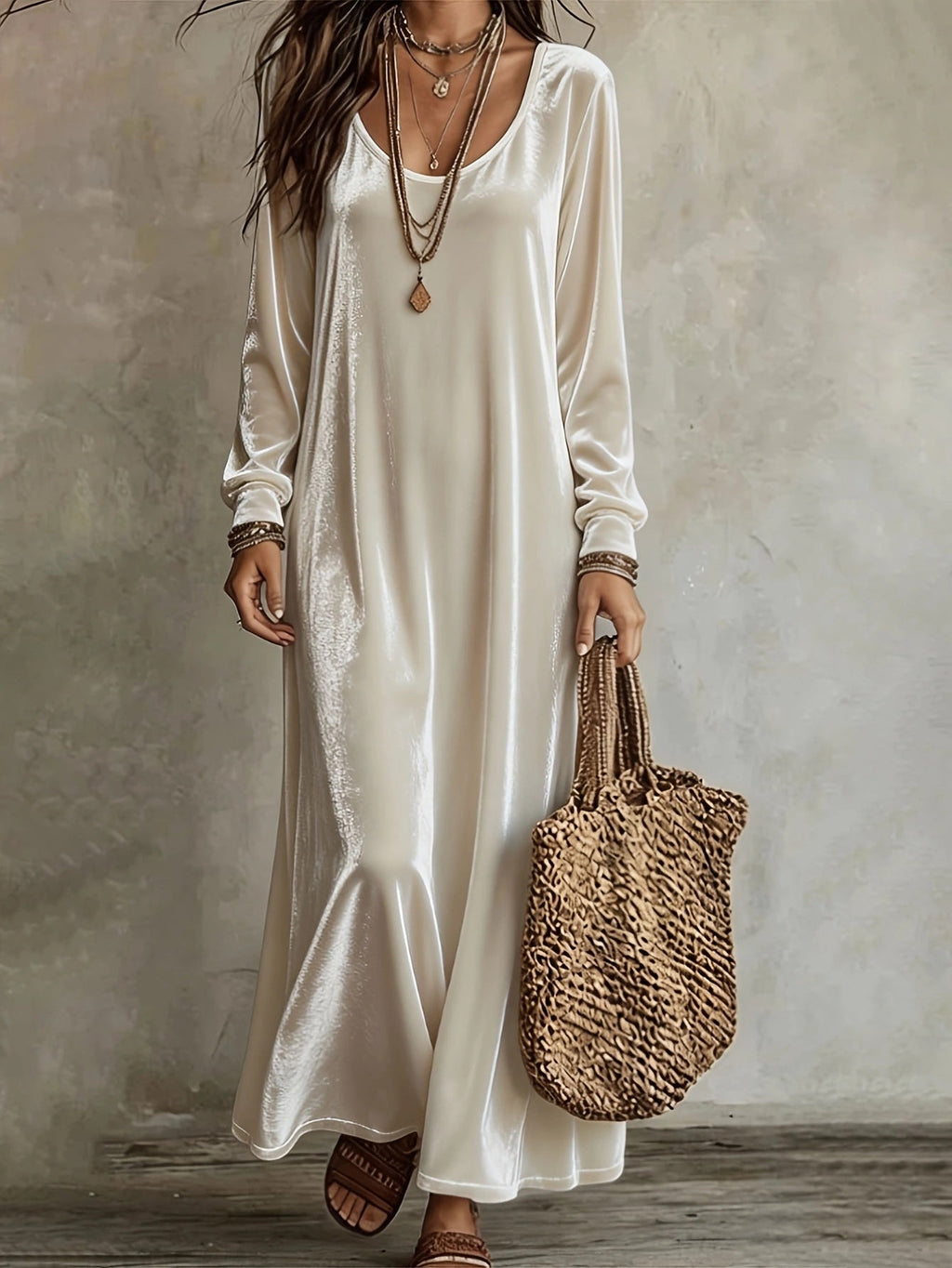 Maxikleid Damen creme figurbetont mit V-Ausschnitt und langen Ärmeln - 1 - Atelier-Zofia