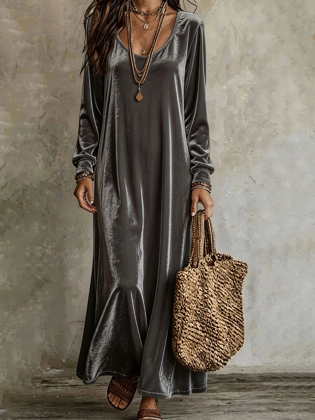Maxikleid Damen creme figurbetont mit V-Ausschnitt und langen Ärmeln - 2 - Atelier-Zofia