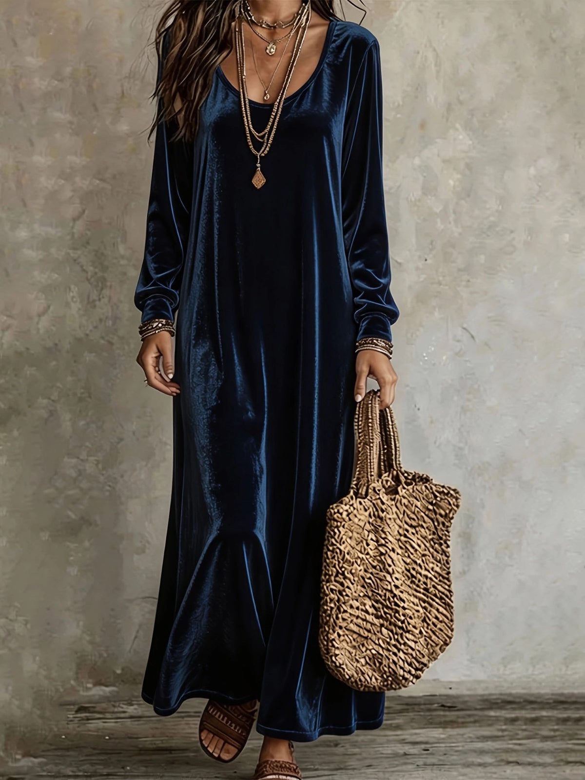 Maxikleid Damen creme figurbetont mit V-Ausschnitt und langen Ärmeln - 3 - Atelier-Zofia