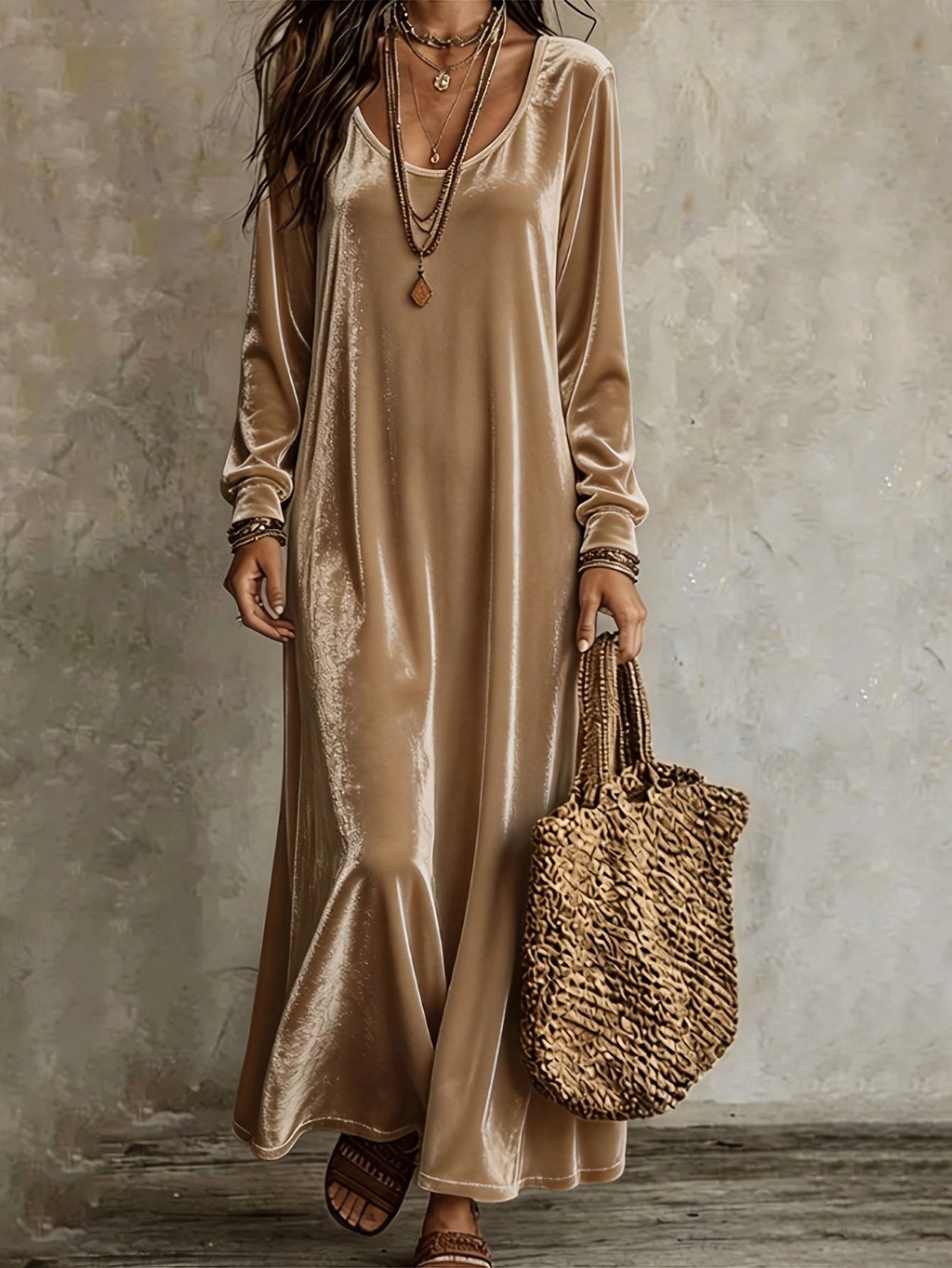 Maxikleid Damen creme figurbetont mit V-Ausschnitt und langen Ärmeln - 6 - Atelier-Zofia