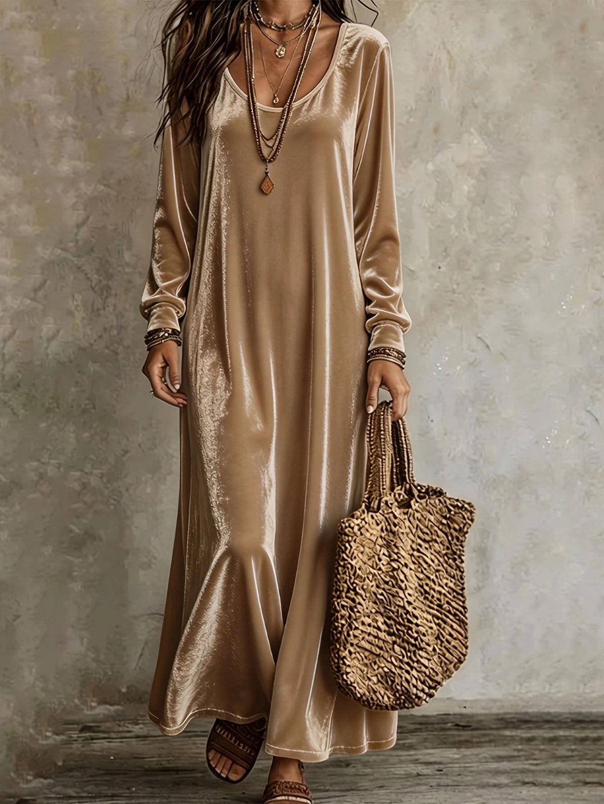 Maxikleid Damen creme figurbetont mit V-Ausschnitt und langen Ärmeln - 6 - Atelier-Zofia