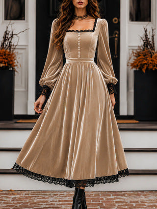 Maxikleid Damen beige figurbetont mit quadratischem Ausschnitt - 3 - Atelier-Zofia