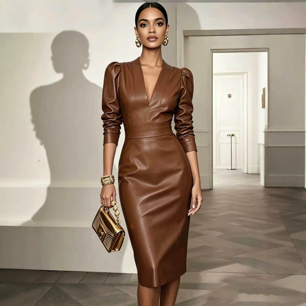 Kleid Damen braun figurbetont mit V-Ausschnitt und Puffärmeln - 3 - Atelier-Zofia