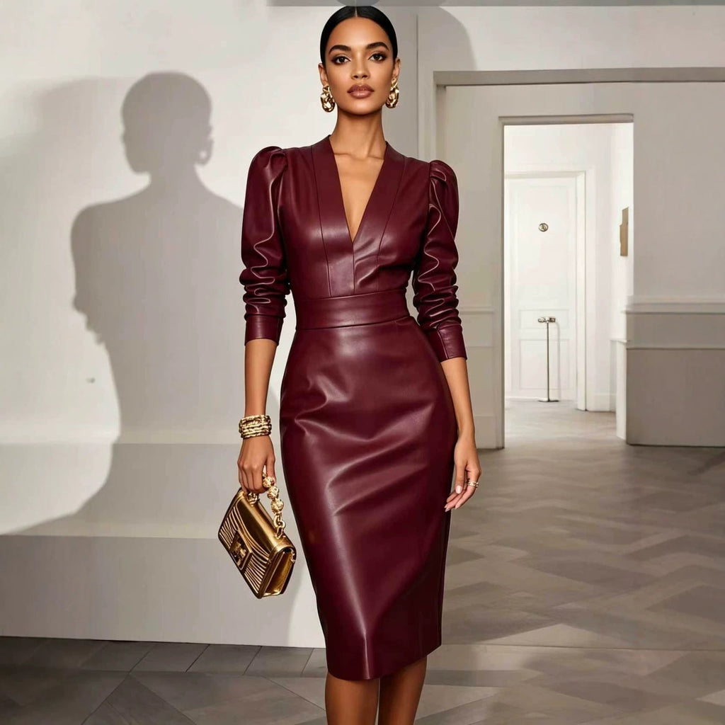 Kleid Damen braun figurbetont mit V-Ausschnitt und Puffärmeln - 4 - Atelier-Zofia