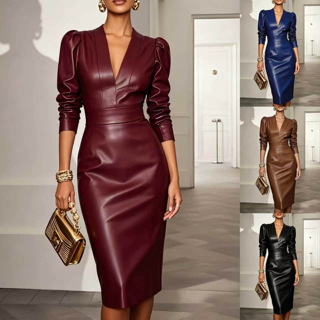 Kleid Damen braun figurbetont mit V-Ausschnitt und Puffärmeln - 6 - Atelier-Zofia