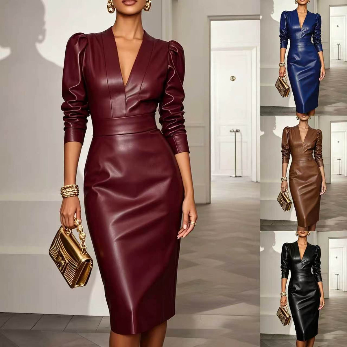 Kleid Damen braun figurbetont mit V-Ausschnitt und Puffärmeln - 6 - Atelier-Zofia