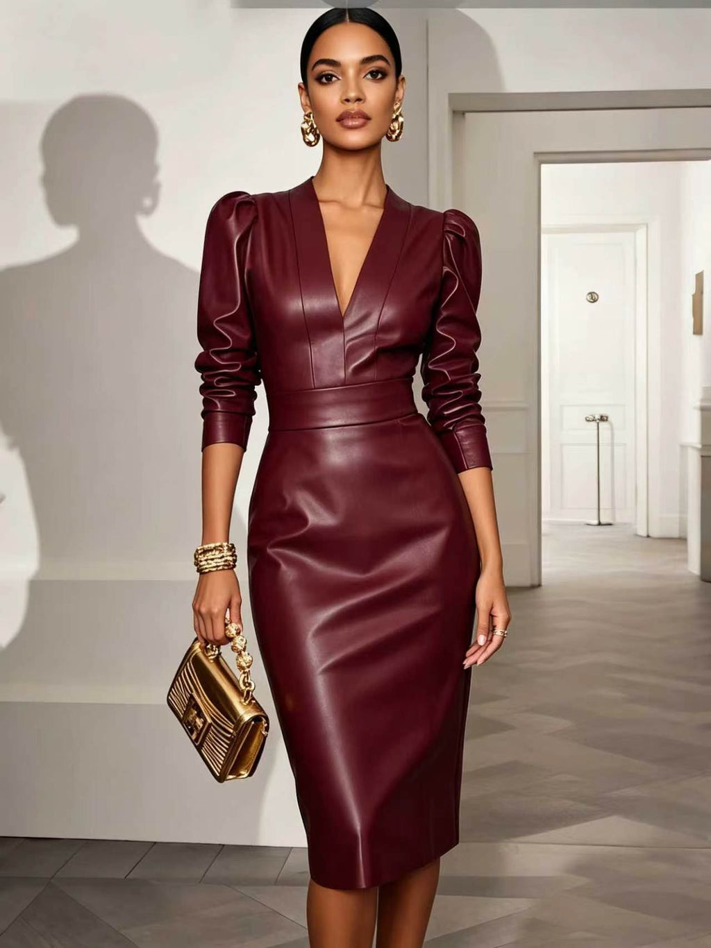 Kleid Damen braun figurbetont mit V-Ausschnitt und Puffärmeln - 7 - Atelier-Zofia