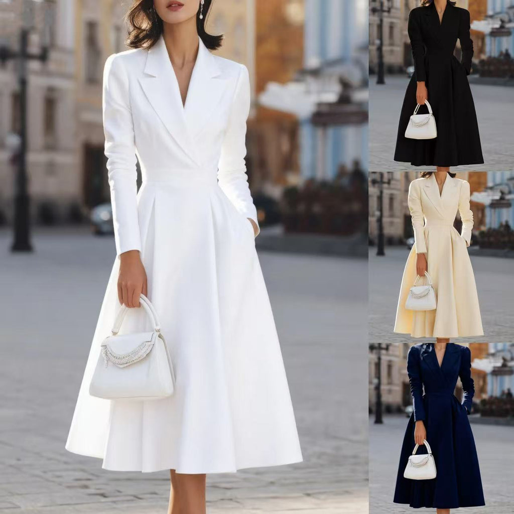 Kleid Damen navy figurbetont mit V-Ausschnitt und langen Ärmeln - 2 - Atelier-Zofia
