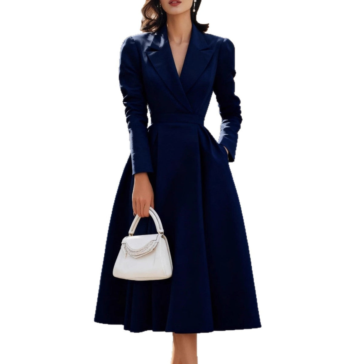 Kleid Damen navy figurbetont mit V-Ausschnitt und langen Ärmeln - 7 - Atelier-Zofia