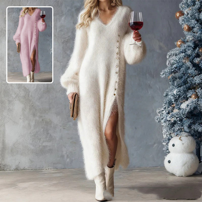 Maxikleid Damen creme mit V-Ausschnitt und langen Ärmeln - 2 - Atelier-Zofia