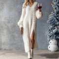 Maxikleid Damen creme mit V-Ausschnitt und langen Ärmeln - 5 - Atelier-Zofia