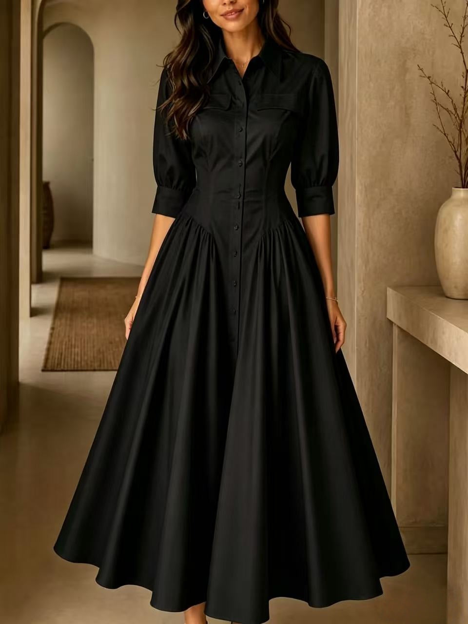 Maxikleid Damen schwarz figurbetont mit V-Ausschnitt und kurzen Ärmeln - 3 - Atelier-Zofia