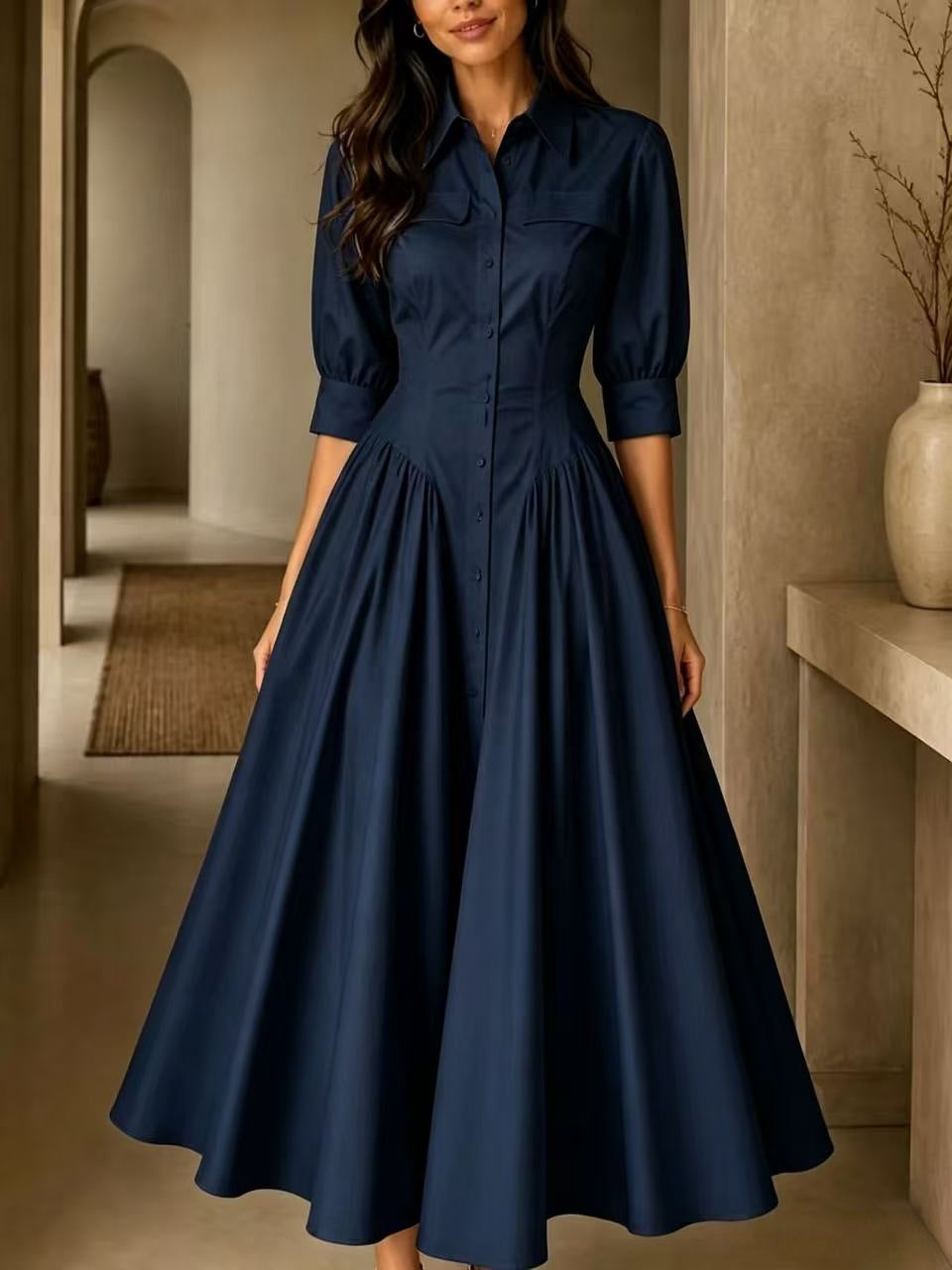 Maxikleid Damen schwarz figurbetont mit V-Ausschnitt und kurzen Ärmeln - 5 - Atelier-Zofia