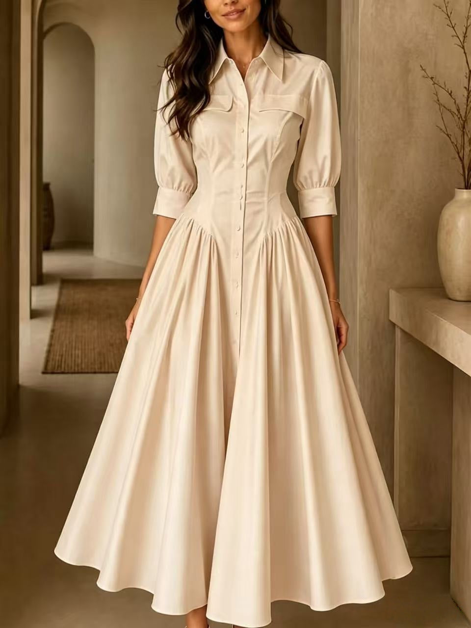 Maxikleid Damen schwarz figurbetont mit V-Ausschnitt und kurzen Ärmeln - 7 - Atelier-Zofia