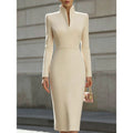 Kleid Damen beige figurbetont mit Stehkragen und langen Ärmeln - 1 - Atelier-Zofia