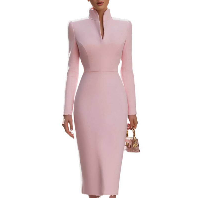 Kleid Damen beige figurbetont mit Stehkragen und langen Ärmeln - 4 - Atelier-Zofia