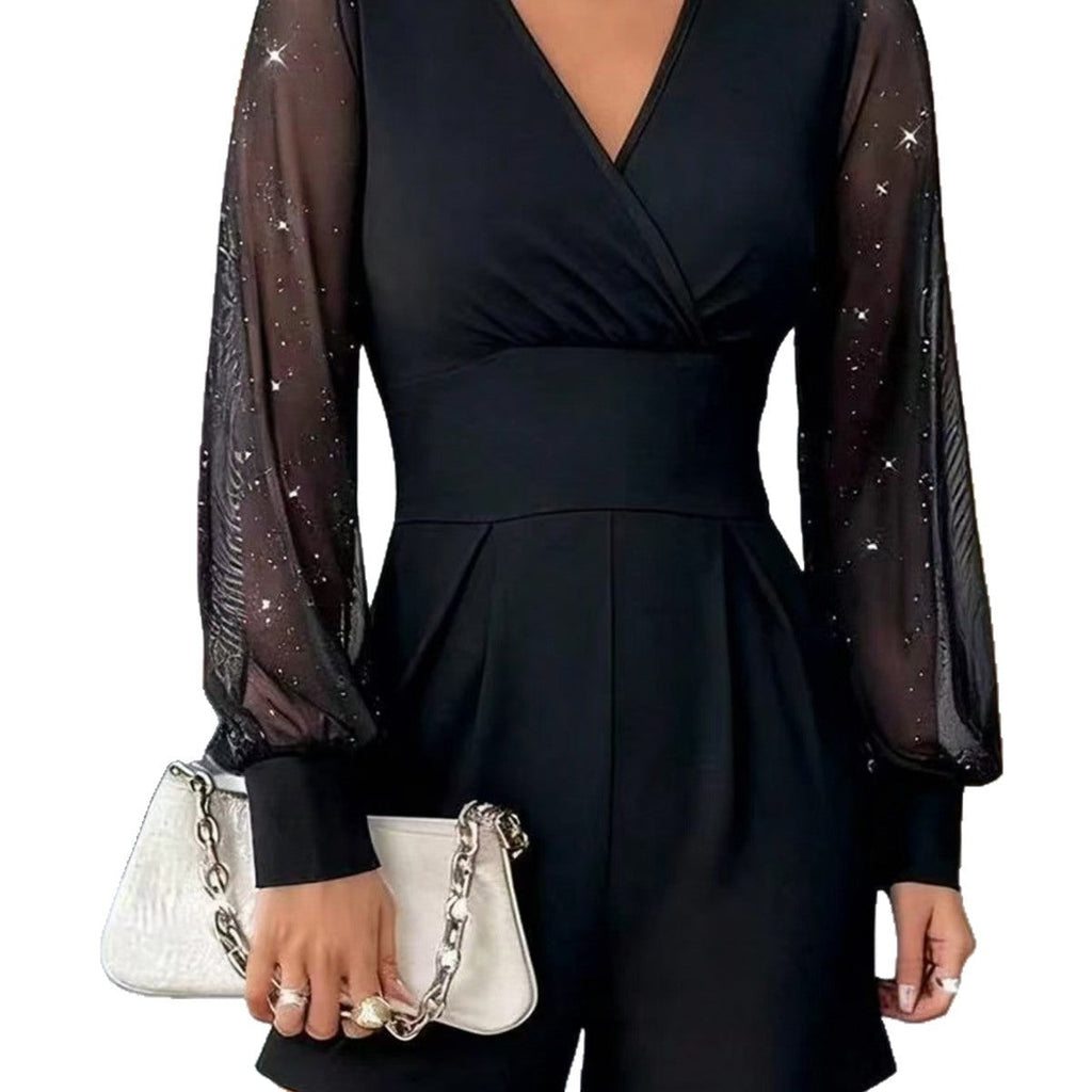 Jumpsuit Damen schwarz figurbetont mit V-Ausschnitt und langen Ärmeln - 5 - Atelier-Zofia
